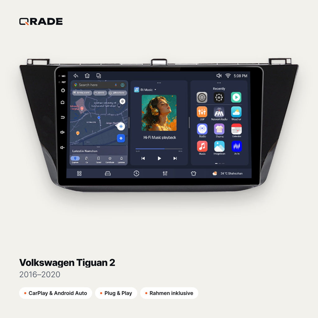 Qrade Autoradio für Volkswagen Tiguan 2 (2016–2020) mit Wireless CarPlay & Android Auto