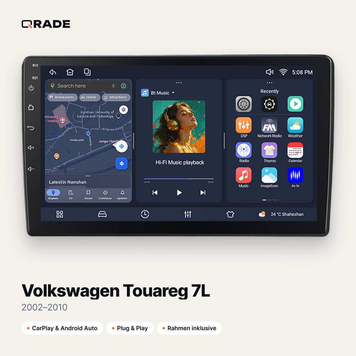 Qrade Autoradio für Volkswagen Touareg 7L (2002–2010) mit Wireless CarPlay & Android Auto