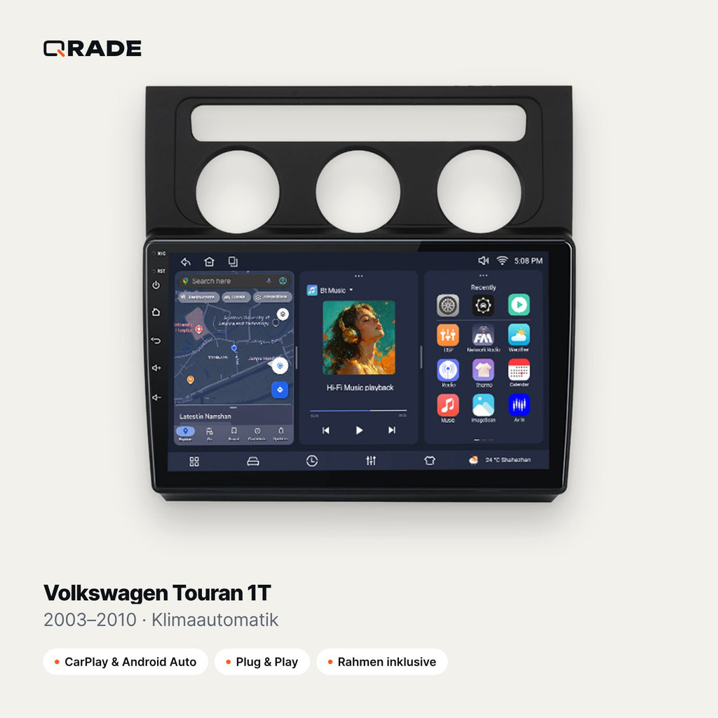 Qrade Autoradio für Volkswagen Touran 1T (2003–2010), Klimaautomatik mit Wireless CarPlay & Android Auto