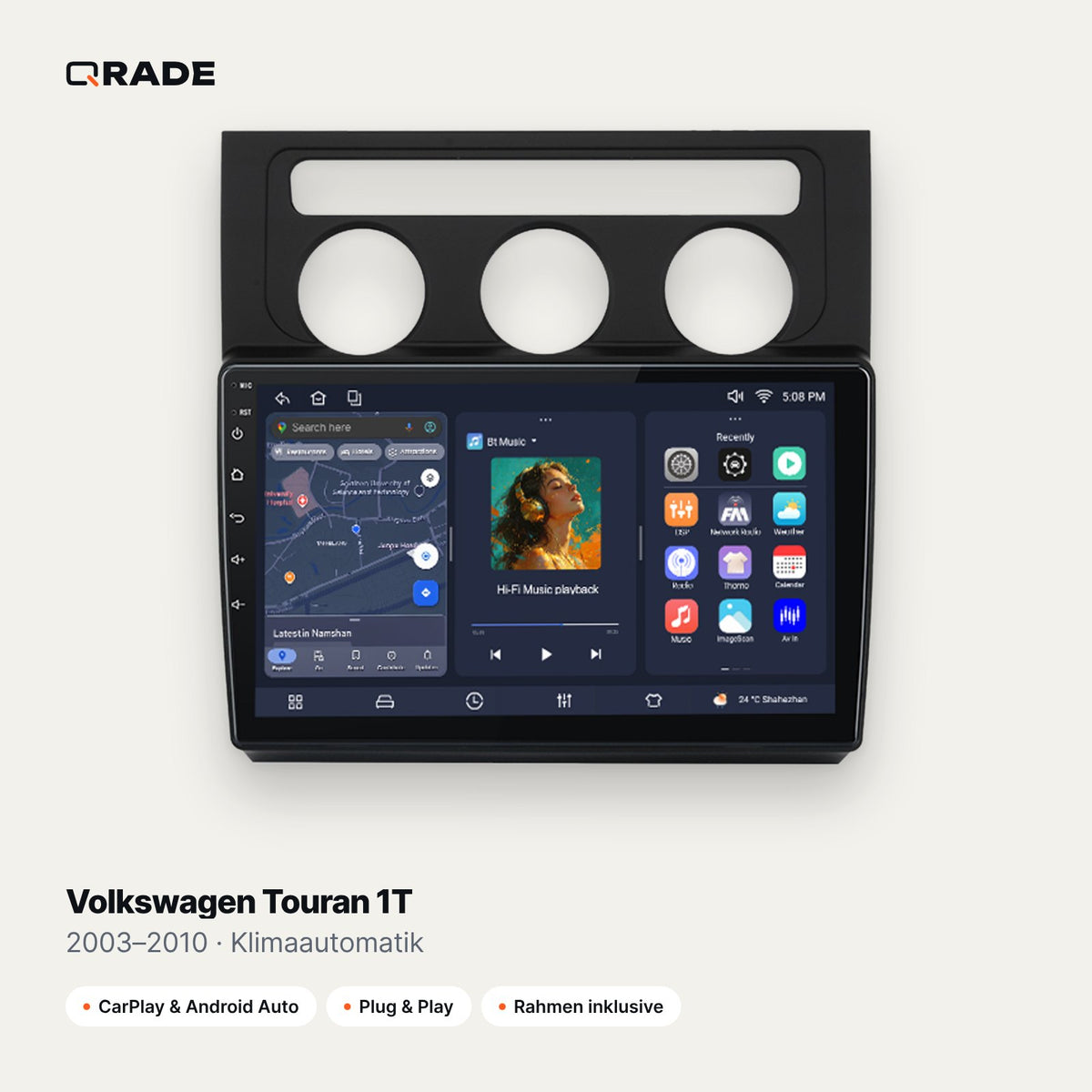 Qrade Autoradio für Volkswagen Touran 1T (2003–2010), Klimaautomatik mit Wireless CarPlay & Android Auto