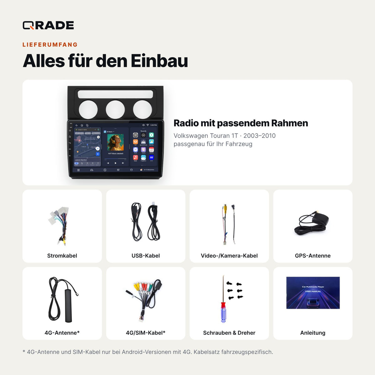 Lieferumfang: Volkswagen Touran 1T (2003–2010) – Qrade Autoradio mit Rahmen und Kabelsatz