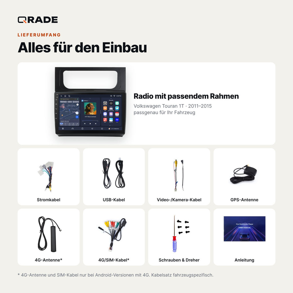 Lieferumfang: Volkswagen Touran 1T (2011–2015) – Qrade Autoradio mit Rahmen und Kabelsatz