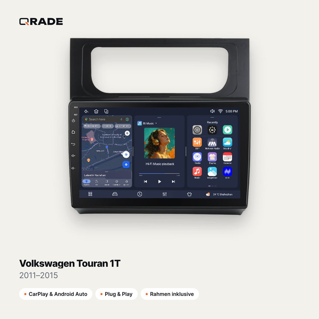 Qrade Autoradio für Volkswagen Touran 1T (2011–2015) mit Wireless CarPlay & Android Auto