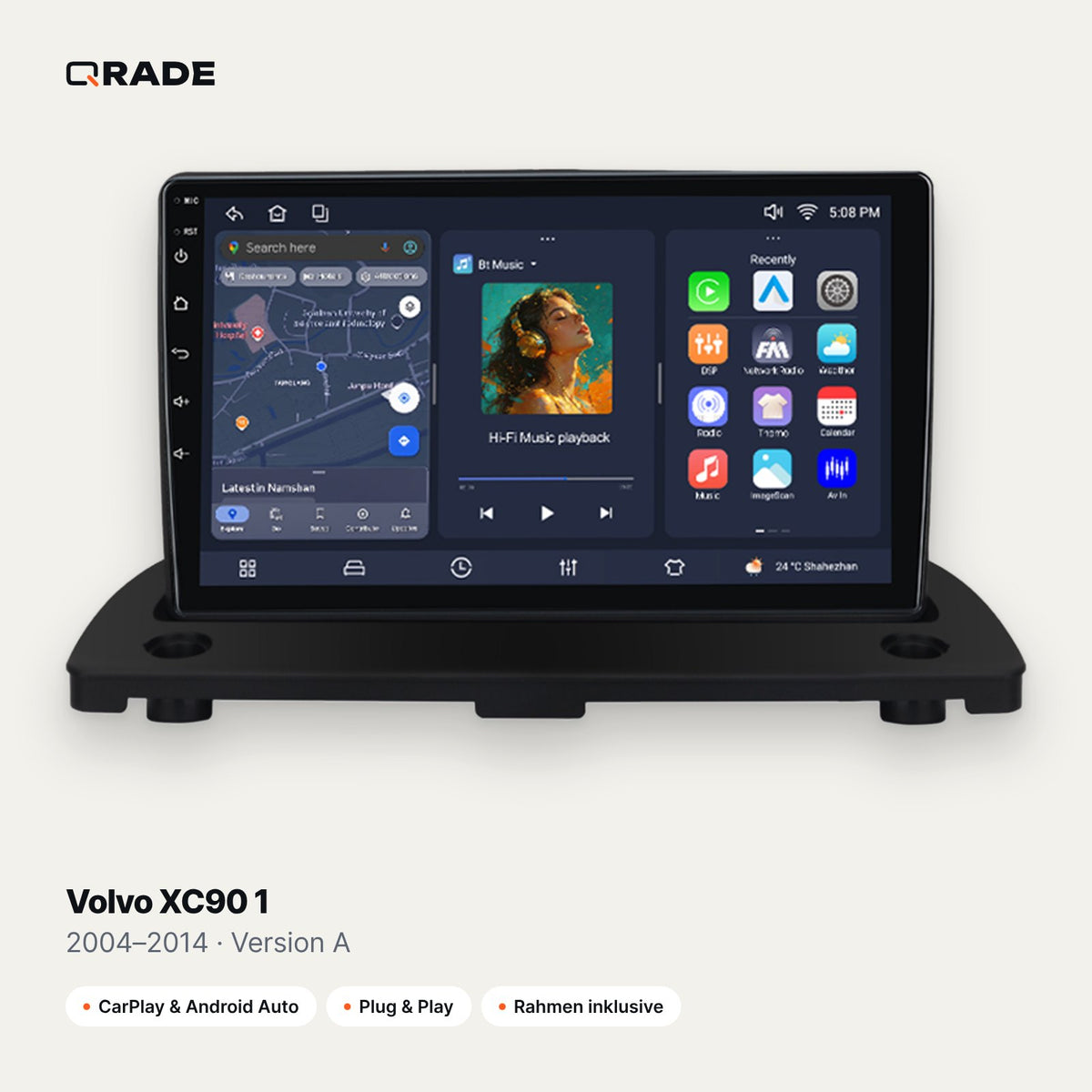 Qrade Autoradio für Volvo XC90 1 (2004–2014), Version A mit Wireless CarPlay & Android Auto